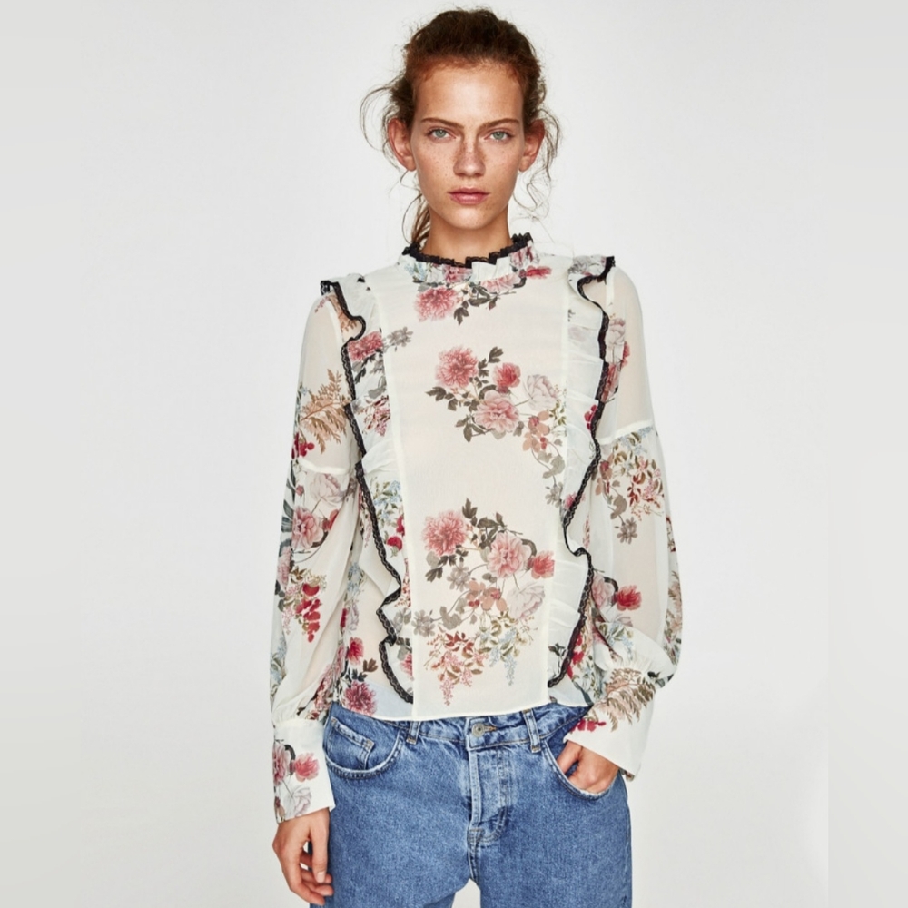 ZARA Victorian Floral Print Chiffon Blouse with Frills and Lace Trimming Size XS